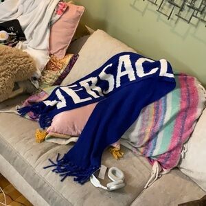 Blue knitted with white Versace letters, long tassel scarf like new!